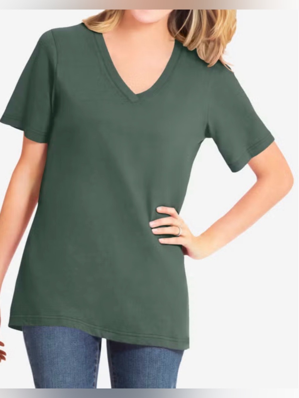 Woman Within 2X 26/28 Olive Green Short-Sleeve V-Neck Cotton Tee